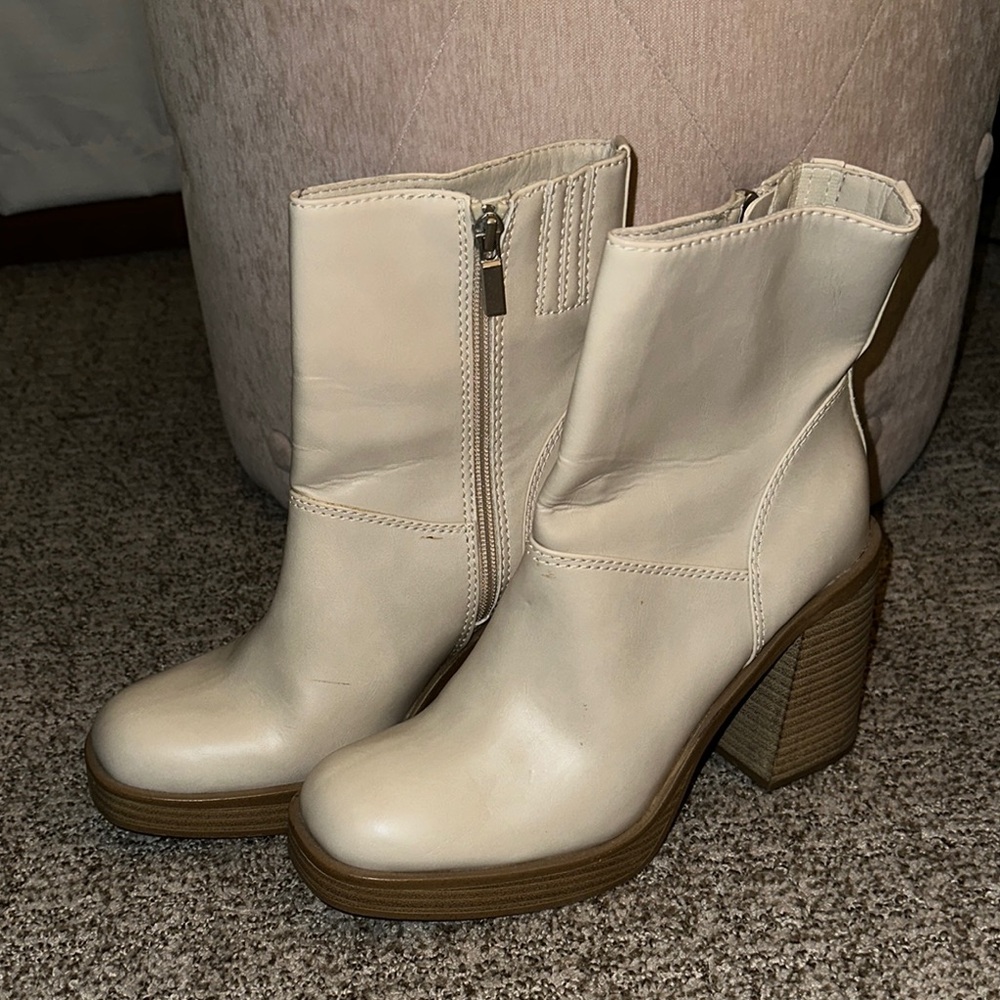 Target Cream Heeled Boots with Chunky Block Heel